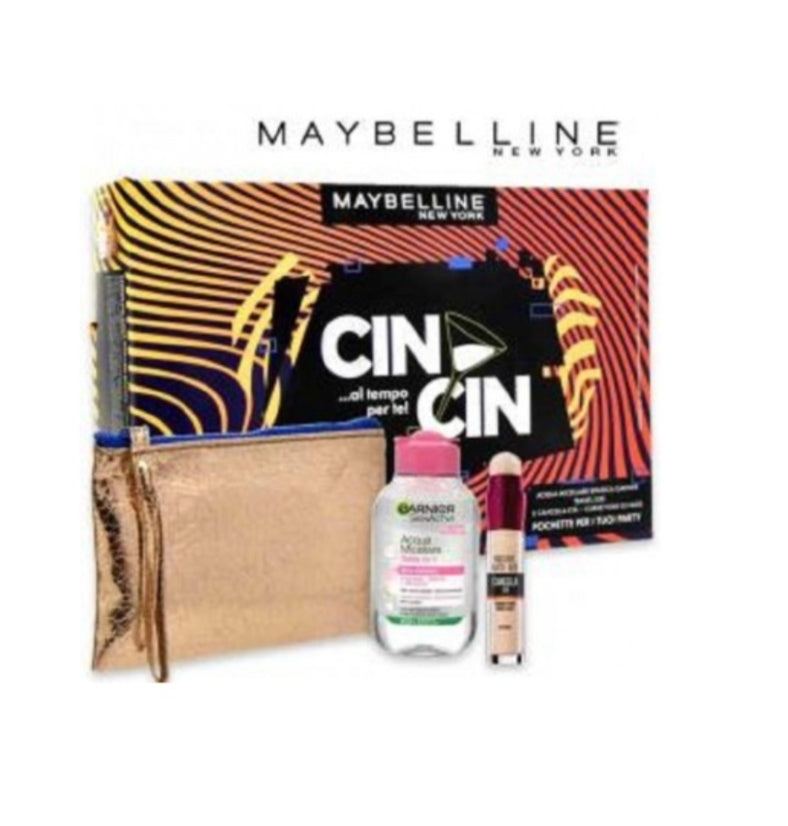 Maybelline  CIN CIN CONFEZIONE REGALO CON ACQUA MICELLARE BIFASICA GARNIER + CORRETTORE 02 NUDE MULTIUSO CANCELLAETA' + POCHETTE