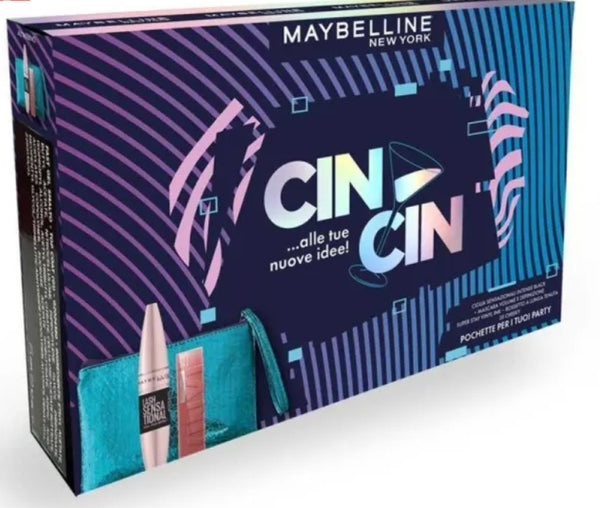 MAYBELLINE NEW YORK CIN CIN KIT REGALO CON MASCARA VOLUME E DEFINIZIONE INTENSE BLACK + VINYL INK ROSSETTO A LUNGA TENUTA 35 CHEEKY + POCHETTE