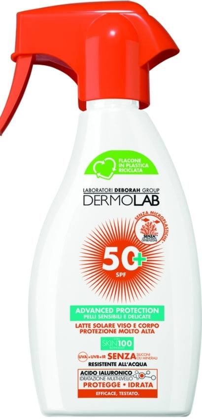 DERMOLAB LATTE SOLARE CORPO E VISO PROTEZIONE MOLTO ALTA SPF 50+ ADVANCED PROTECTION PELLI SENSIBILI E DELICATE RESISTENTE ALL'ACQUA TRIGGER 250 ML