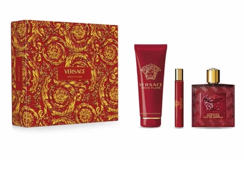 VERSACE EROS FLAME KIT REGALO EDP TRAVEL SPRAY 10 ML + EDP NATURAL SPRAY 100 ML + PERFUMED SHOWER GEL 150 ML