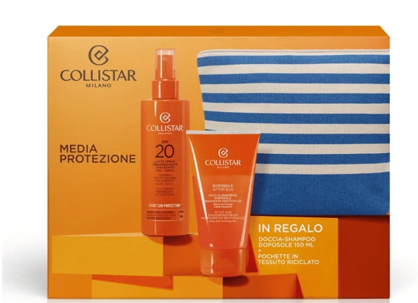 Collistar Milano confezione latte spray abbronzante idratante viso corpo spf 20 + doccia shampoo dopo sole idratante restitutivo 2 FORMATI